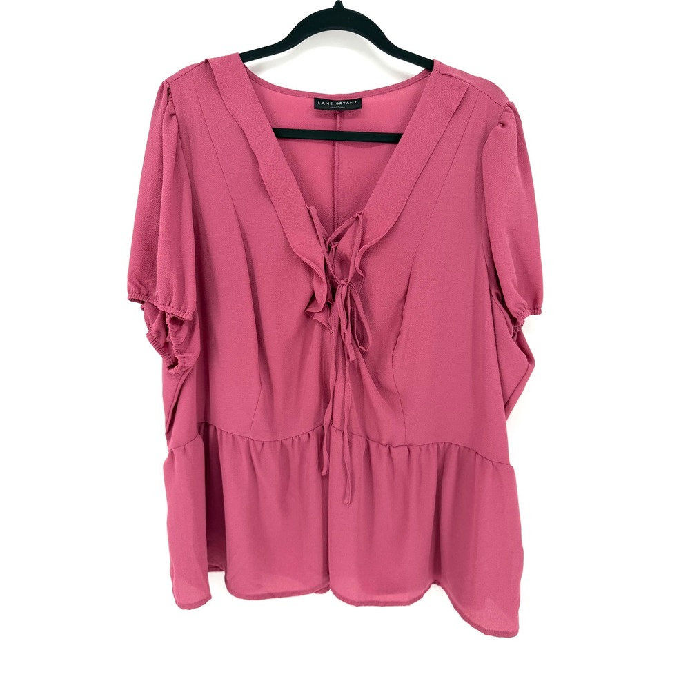 Lane Bryant Peplum Blouse Lace Up Ruffle V-Neck Sz 24 Pink Puff Sleeve Top